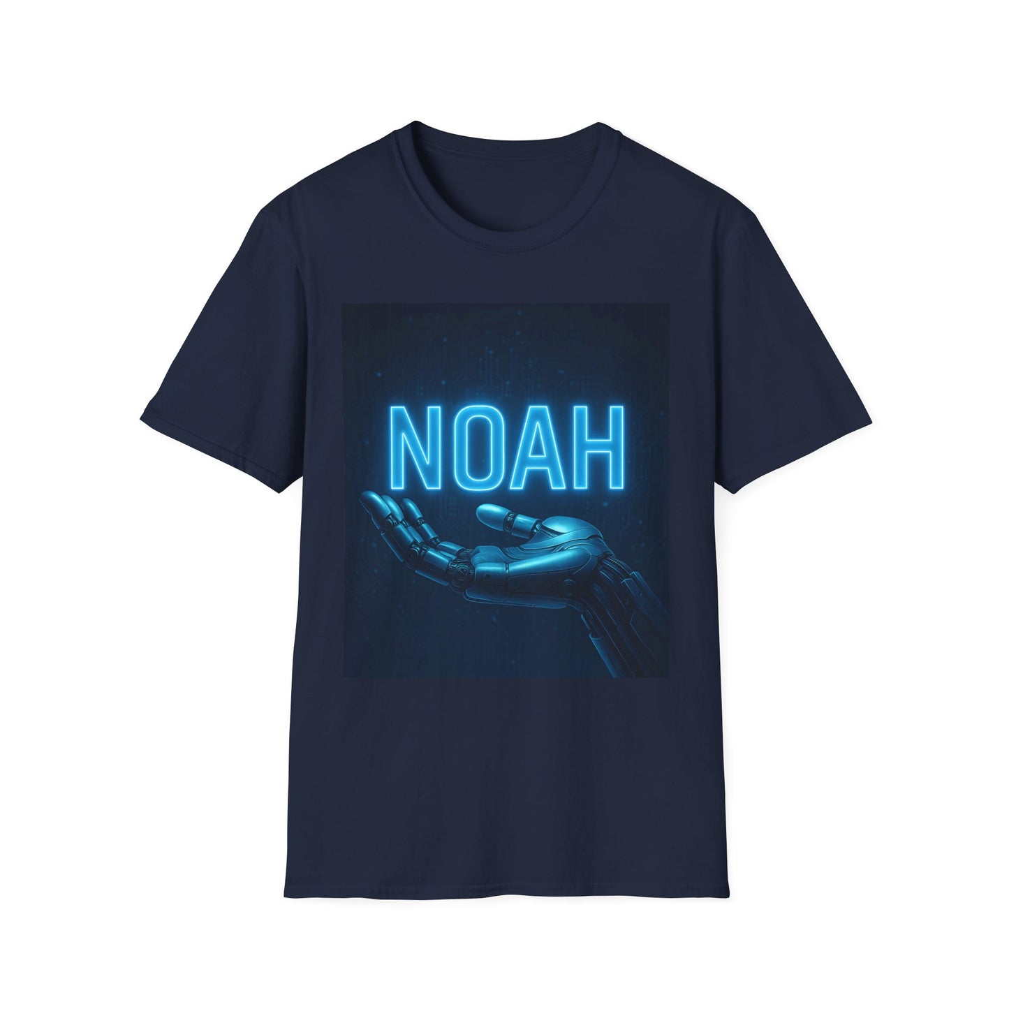 Navy T-shirt with a blue neon "NOAH" and a robotic, metallic hand reaching toward it.