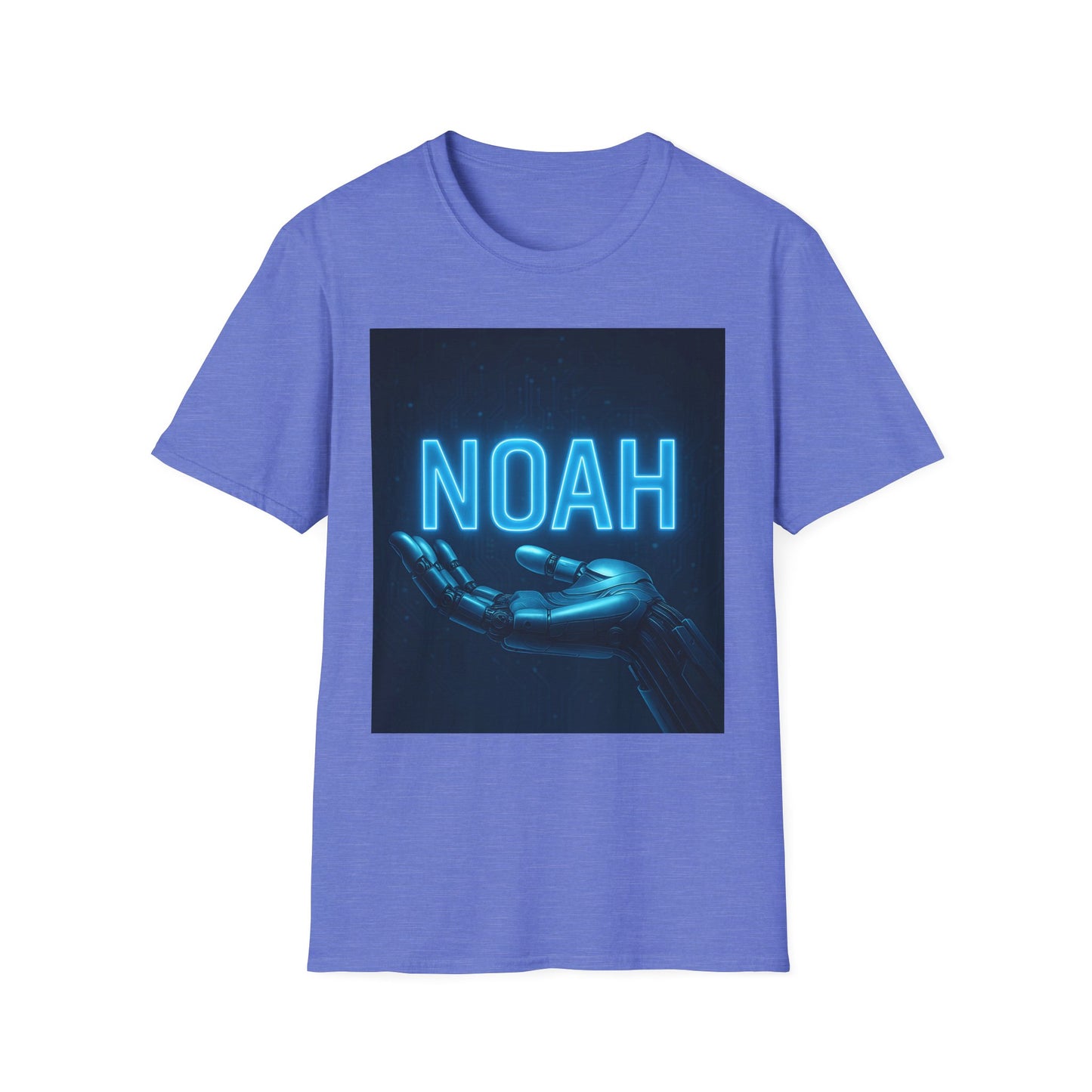 Blue t-shirt with a square graphic showing blue neon "NOAH" text above a robotic hand on a dark, circuitry backdrop.