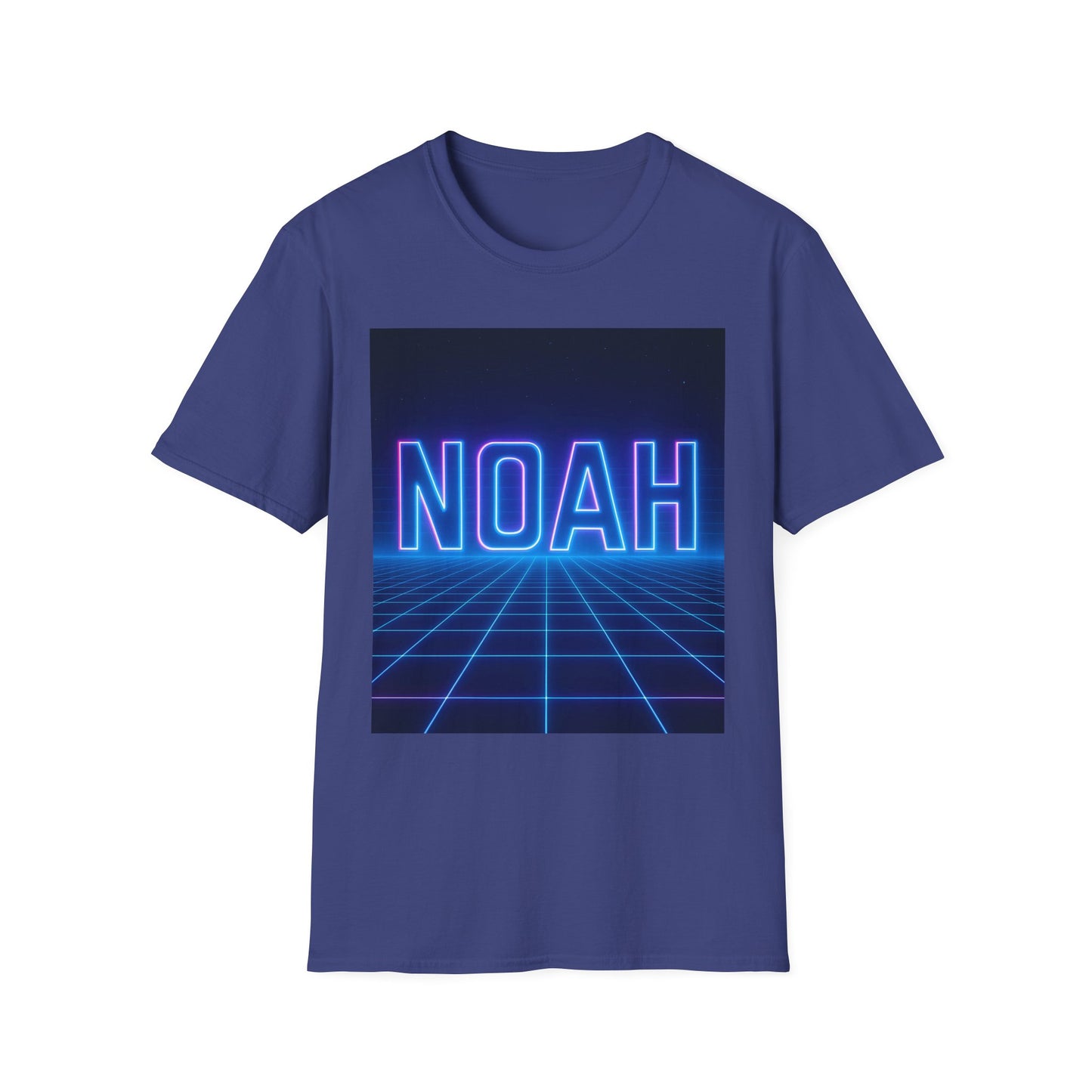 Blue crewneck T-shirt featuring a neon blue and pink NOAH text over a retro grid horizon.
