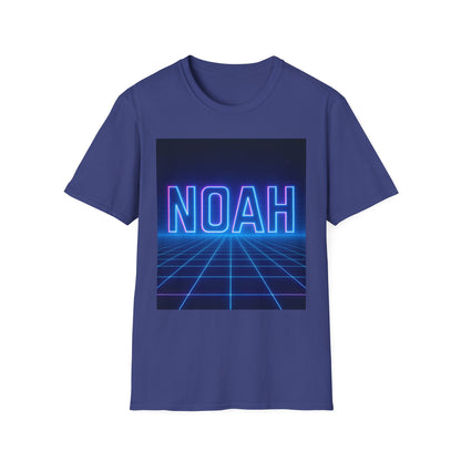 Blue crewneck T-shirt featuring a neon blue and pink NOAH text over a retro grid horizon.