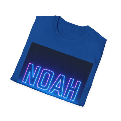 Blue crewneck T-shirt with a dark rectangular panel featuring neon blue outlined letters spelling “NOAH” across the bottom.