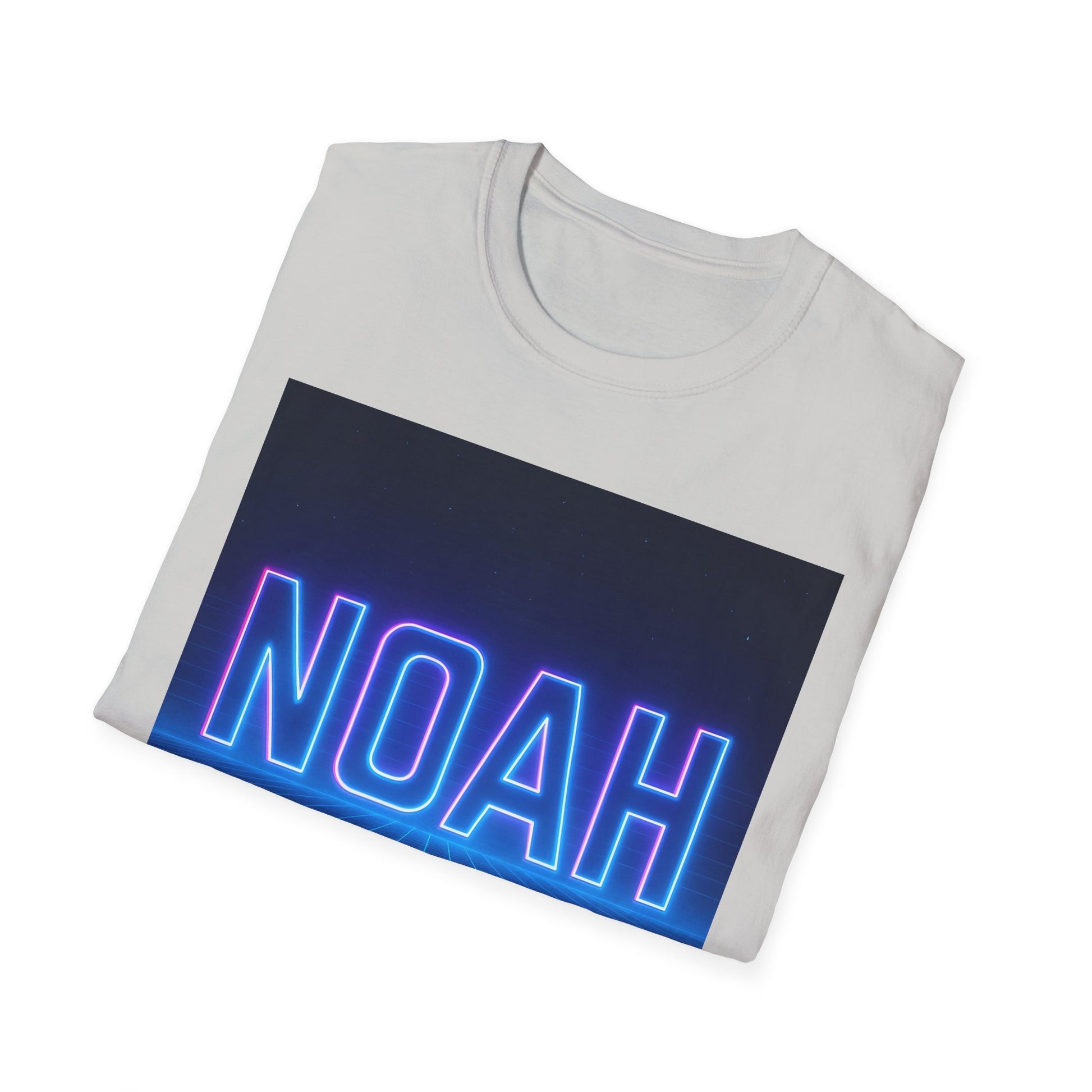 White crewneck T-shirt with a large dark blue rectangle and neon blue outline text reading NOAH across the bottom.