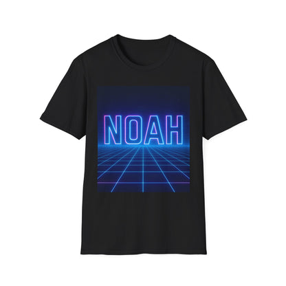 Black T-shirt with a neon blue-pink "NOAH" graphic over a retro grid background.