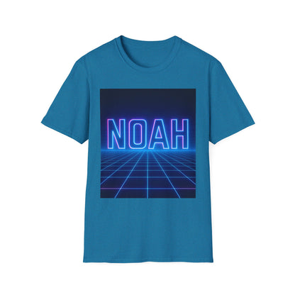 Blue T-shirt with a neon NOAH sign in blue with pink outline over a glowing grid background.