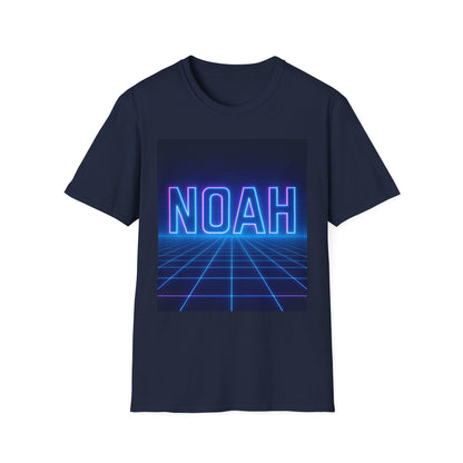 Navy short-sleeve T-shirt featuring a neon blue-pink "NOAH" graphic over a glowing retro grid background.