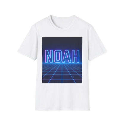 White T-shirt with a square graphic showing blue neon NOAH lettering over a blue grid background.