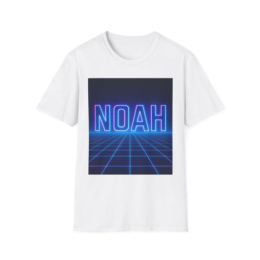 White T-shirt with a square graphic showing blue neon NOAH lettering over a blue grid background.