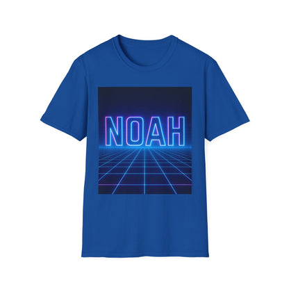 Blue t-shirt featuring a neon purple-blue "NOAH" text over a glowing grid horizon graphic.
