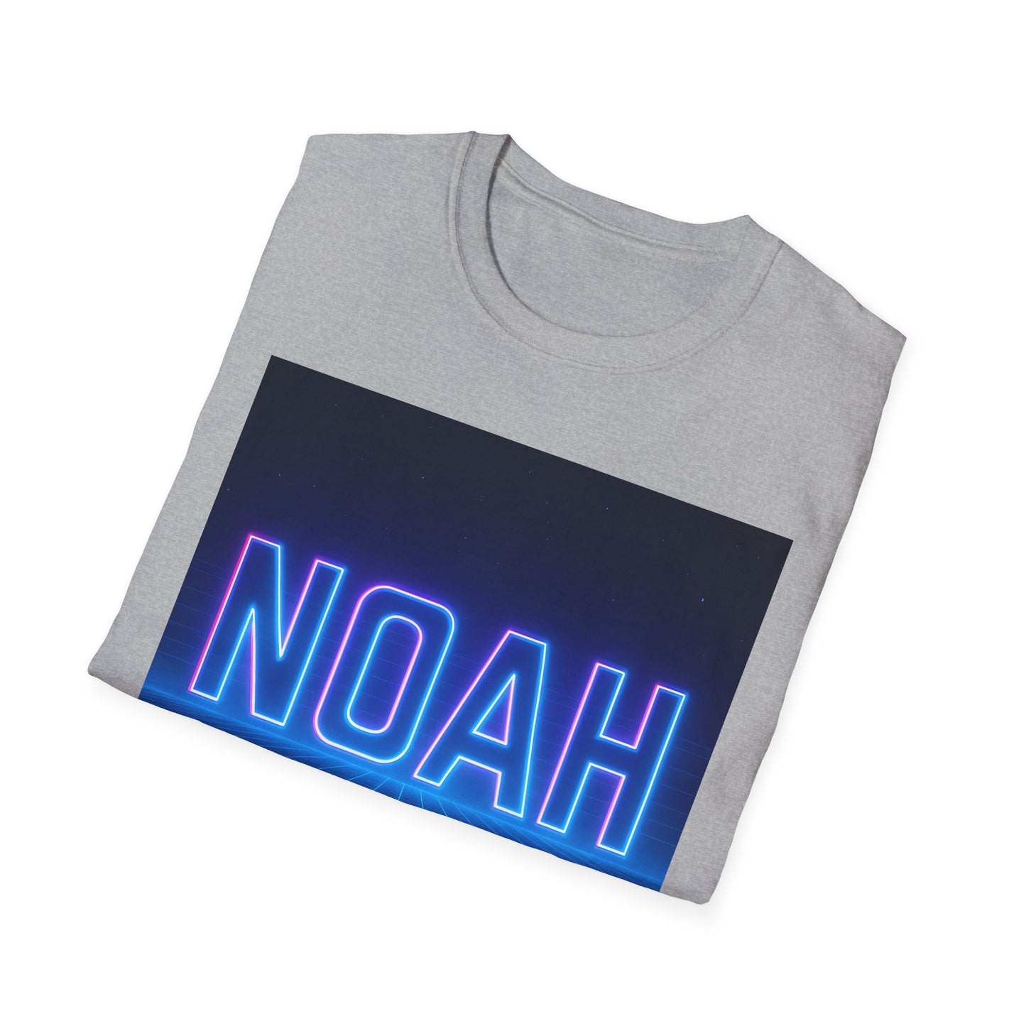 Light gray crewneck T-shirt with a dark blue rectangular graphic featuring neon blue-pink "NOAH" lettering.