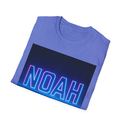 Purple short-sleeve t-shirt with a black rectangular panel displaying neon blue and pink NOAH lettering.