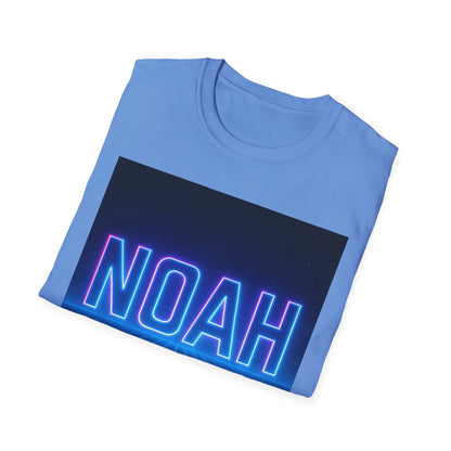 Light blue T-shirt folded with a dark rectangular graphic featuring neon blue-pink NOAH lettering.