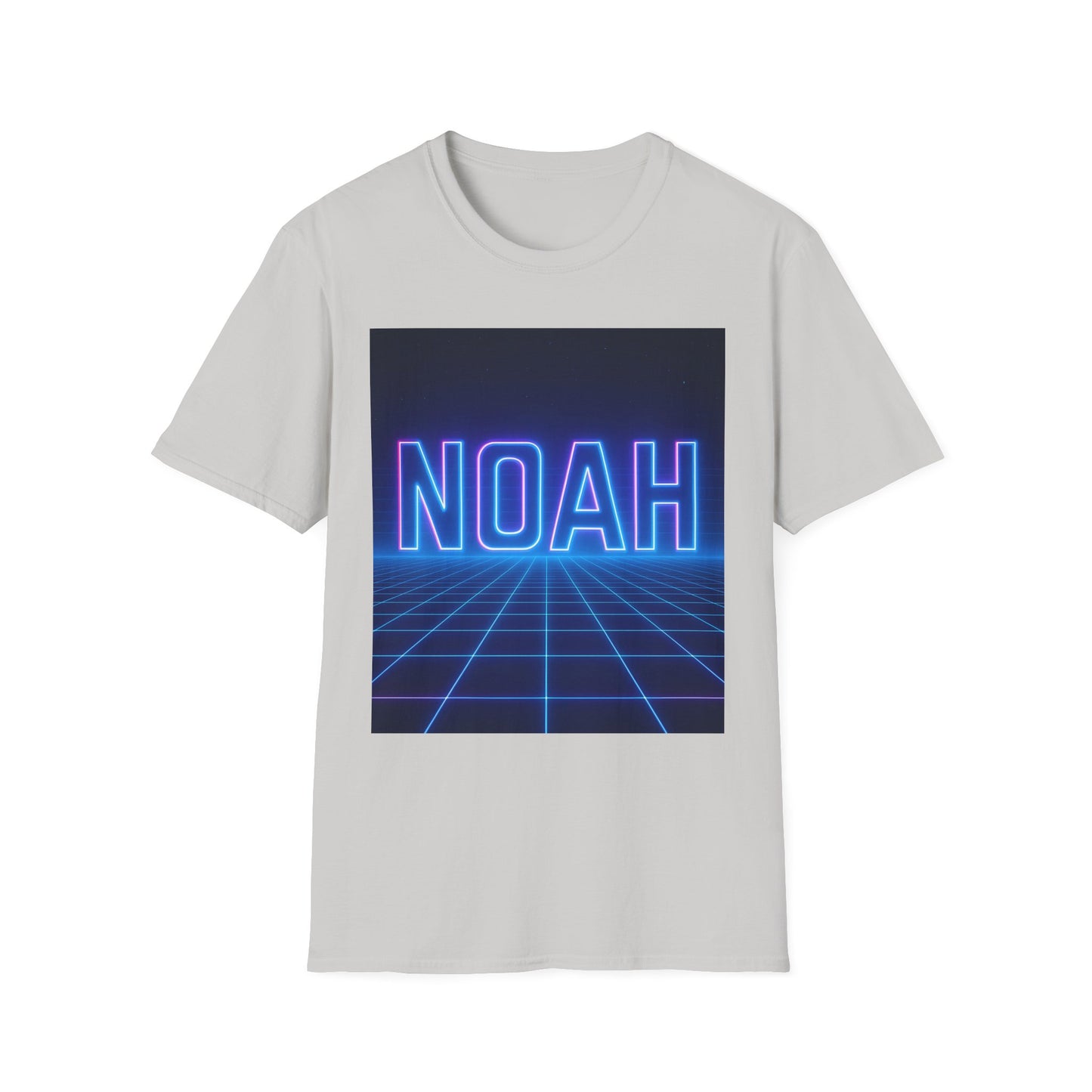 Light gray t-shirt with a neon blue and pink "NOAH" sign over a blue grid background image.