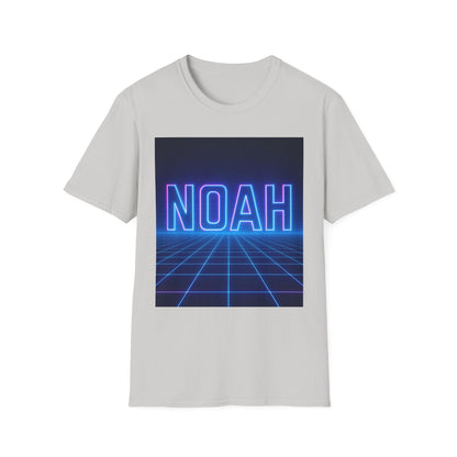 Light gray t-shirt with a neon blue and pink "NOAH" sign over a blue grid background image.