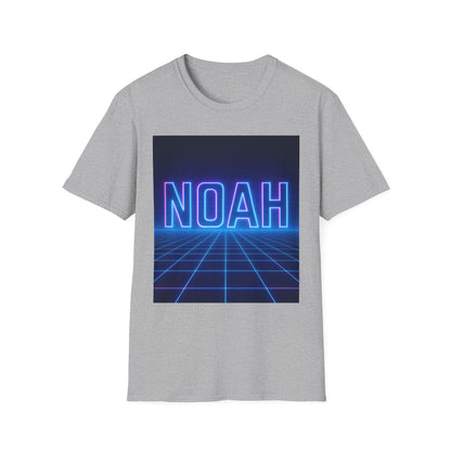 Grey short-sleeve T-shirt with a neon blue and pink "NOAH" graphic over a retro grid background.