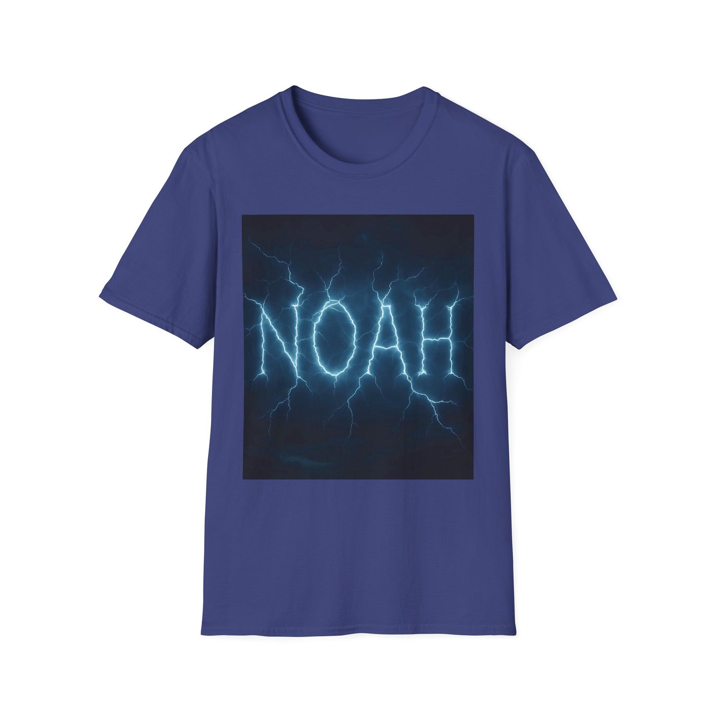 Blue short-sleeve T-shirt featuring a dark square graphic with bright blue lightning forming the word “NOAH.”