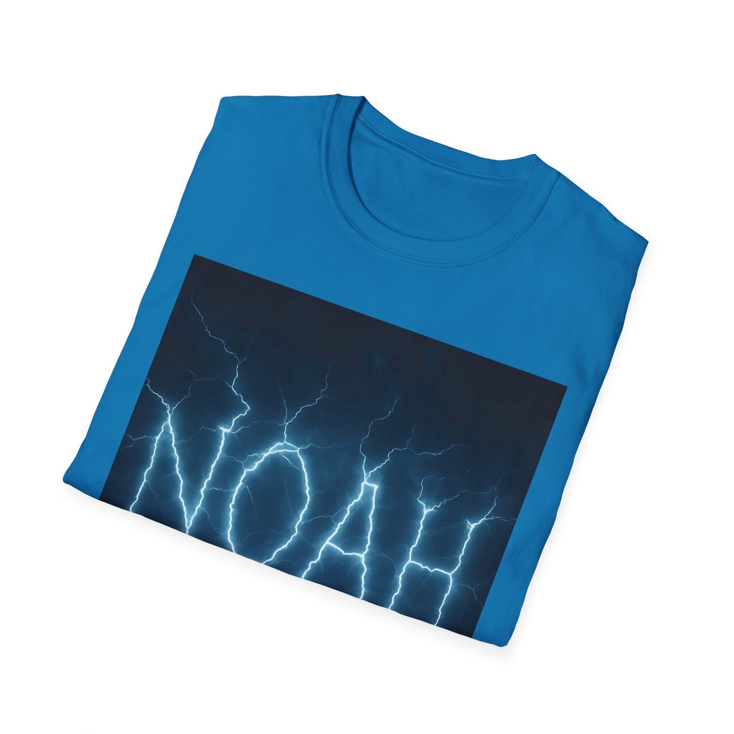 Blue short-sleeve T-shirt folded, featuring a dark rectangular panel with bright lightning bolts graphic.