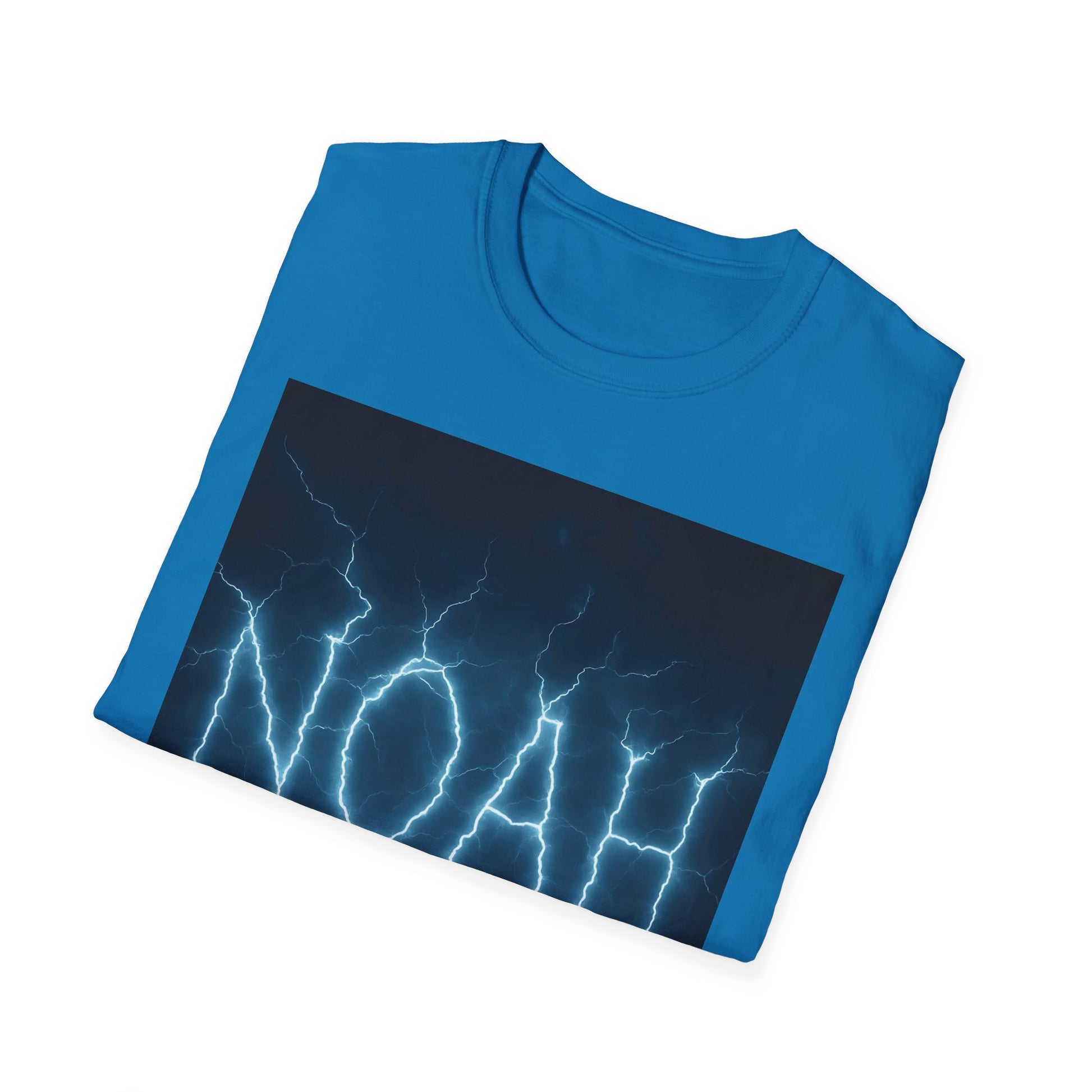 Blue short-sleeve T-shirt folded, featuring a dark rectangular panel with bright lightning bolts graphic.
