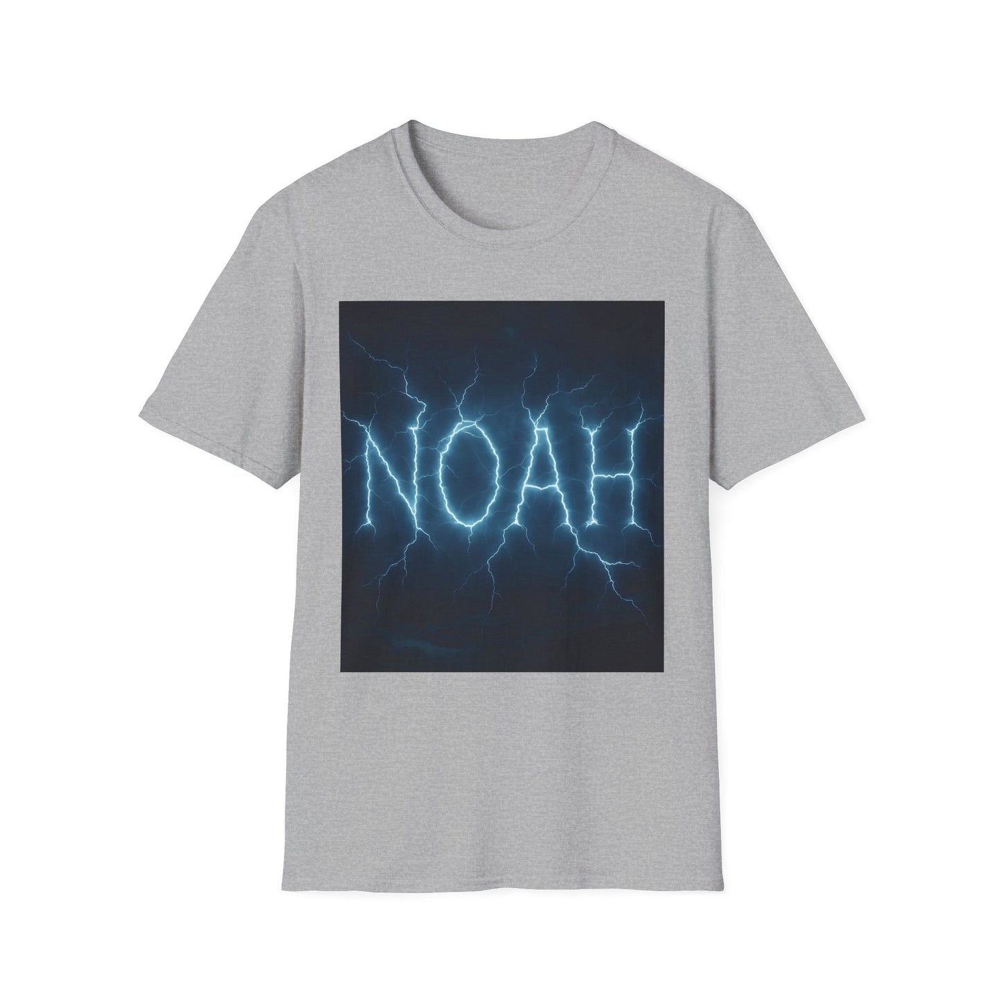 Grey T-shirt featuring a rectangular graphic of blue lightning forming the word "NOAH" on a dark background.