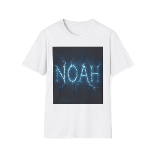 White T-shirt with a square graphic showing blue lightning forming the word NOAH against a dark gradient background.