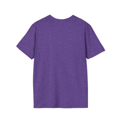 Back view of a loose-fitting purple heathered short-sleeve T-shirt.