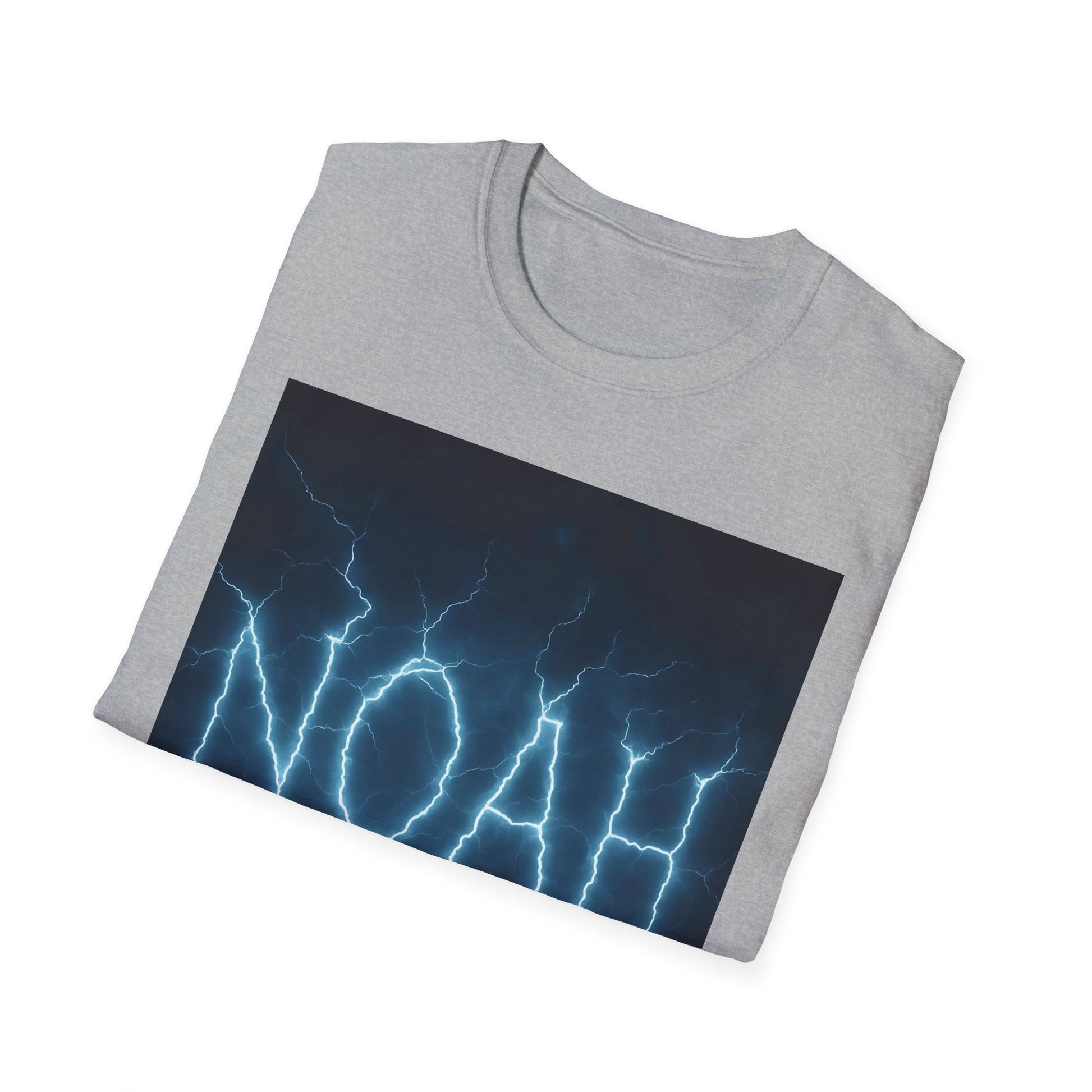 Light gray crewneck T-shirt featuring a large rectangular blue lightning storm graphic on the front.