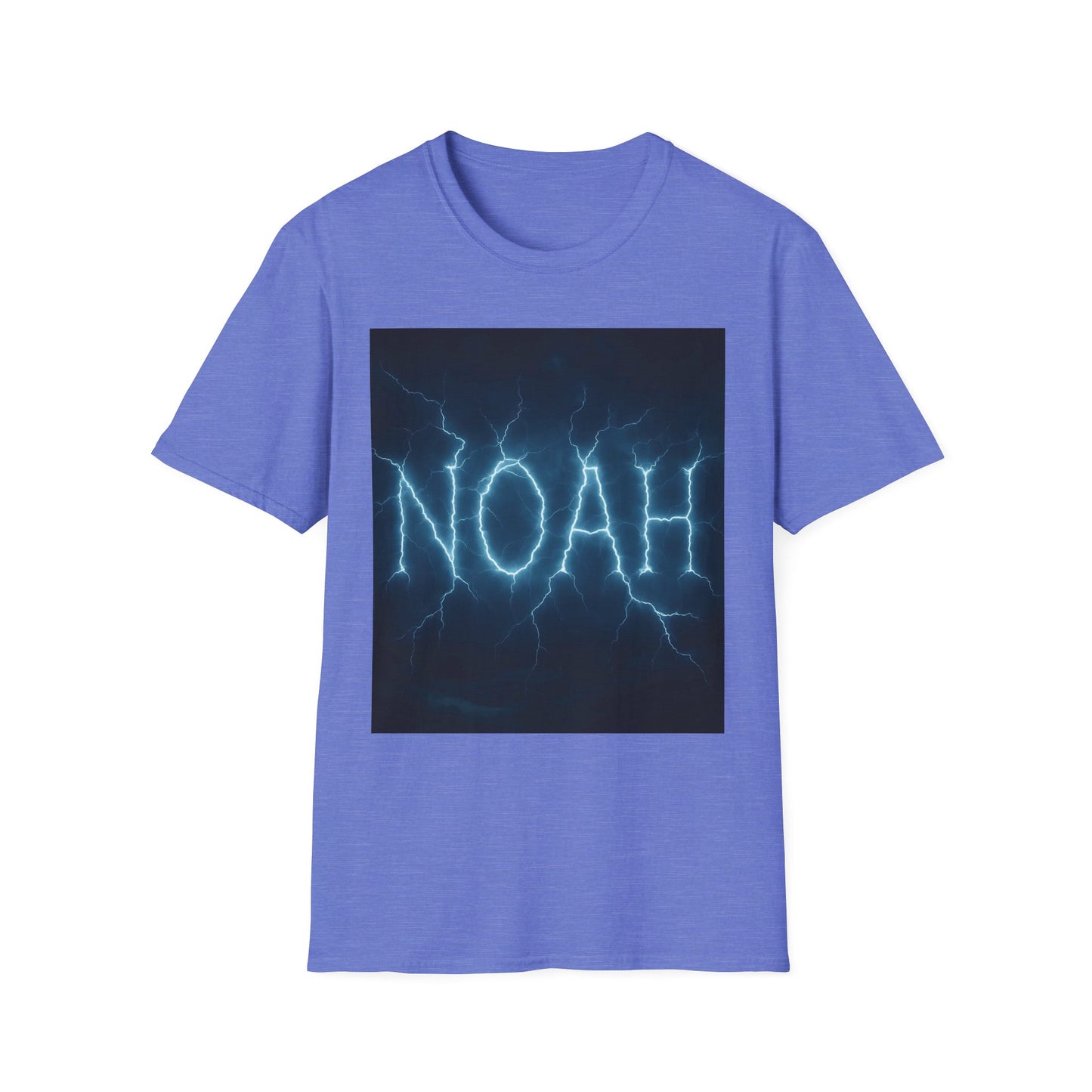 Blue short-sleeve T-shirt with a dark square graphic showing blue lightning forming the word “NOAH.”