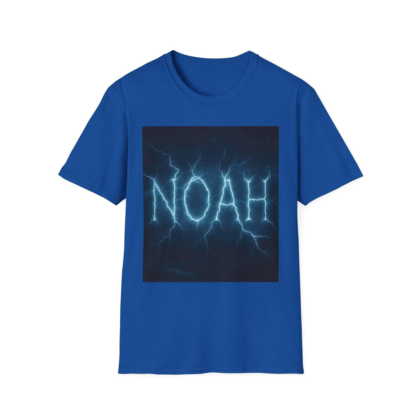 Royal blue T-shirt with a dark square graphic showing blue lightning forming the word NOAH.