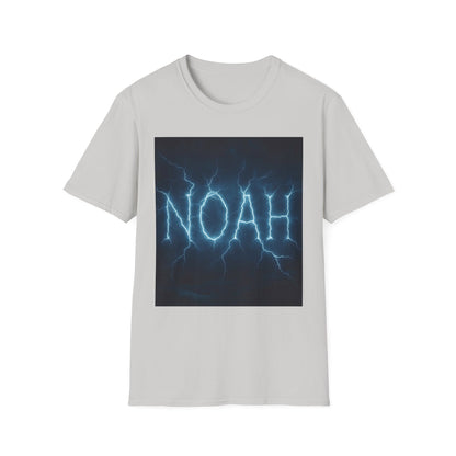 Light gray short-sleeve T-shirt with a dark square graphic showing blue lightning forming the word NOAH.