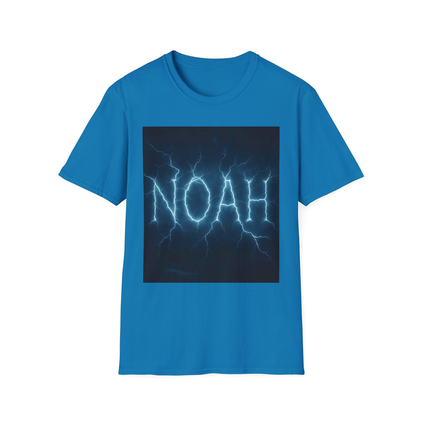 Blue crew-neck T-shirt featuring a dark blue rectangle graphic with the word NOAH formed by blue lightning.