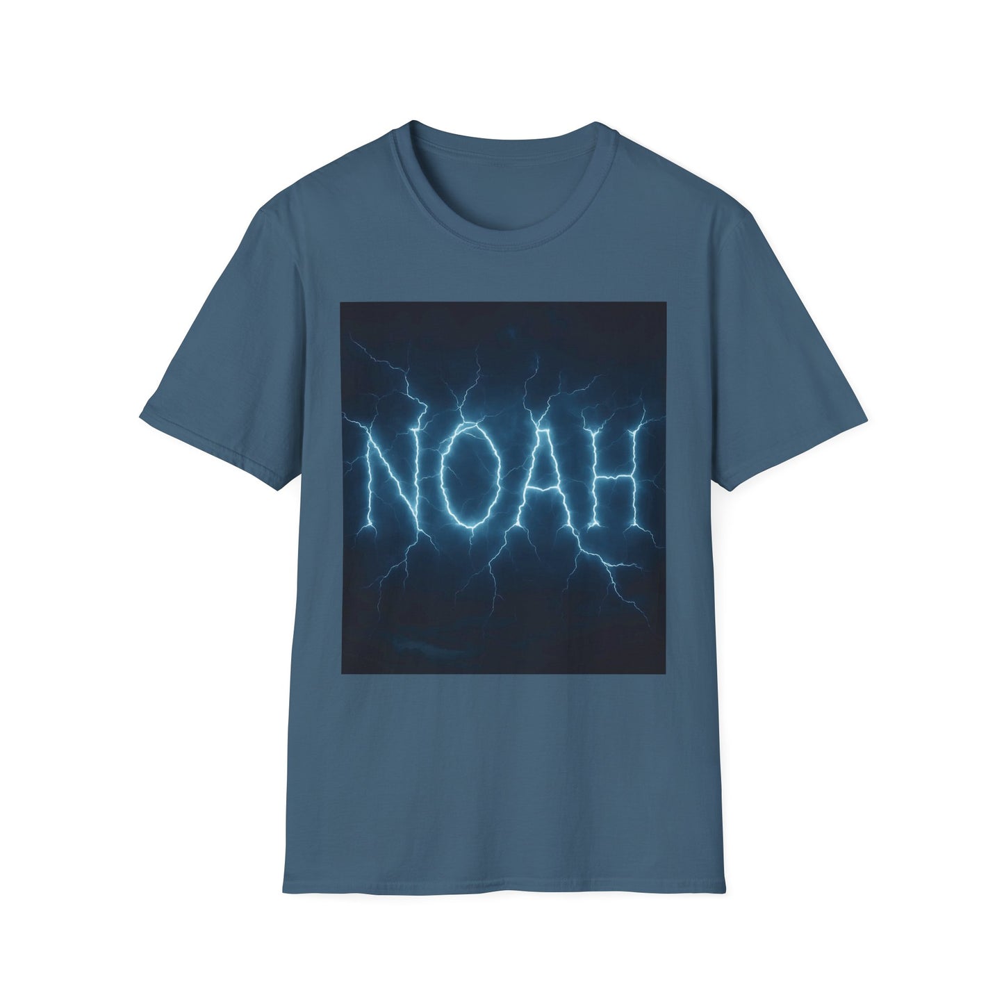 Blue short-sleeve T-shirt with a dark square graphic showing blue lightning forming the word NOAH.