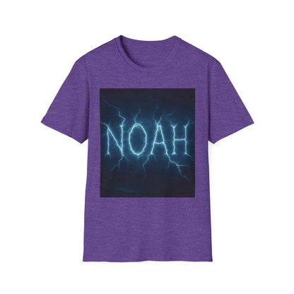 Purple heather T-shirt with a dark blue rectangle graphic showing bright lightning that forms the word NOAH.