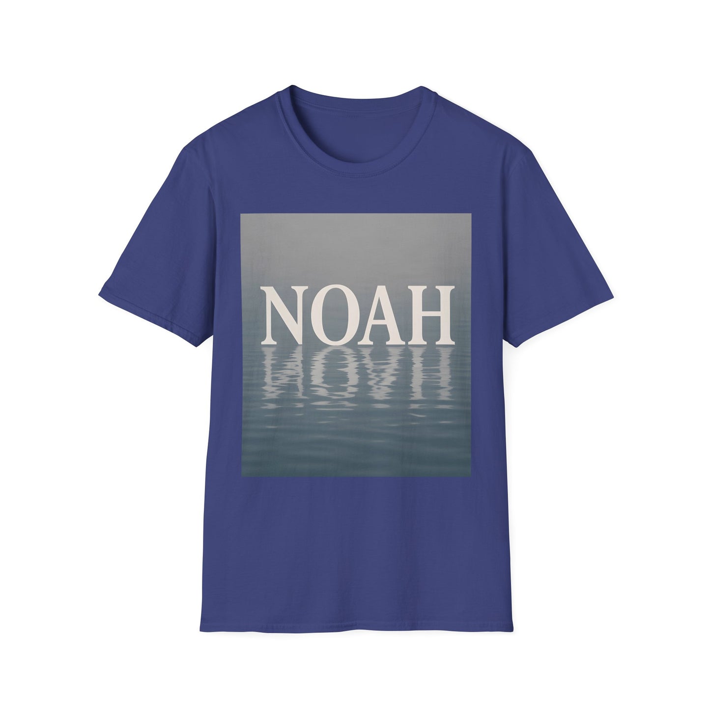 Blue short-sleeve t-shirt with a gray square graphic featuring the white word NOAH and a water-reflection pattern in the center.