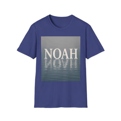 Blue short-sleeve t-shirt with a gray square graphic featuring the white word NOAH and a water-reflection pattern in the center.