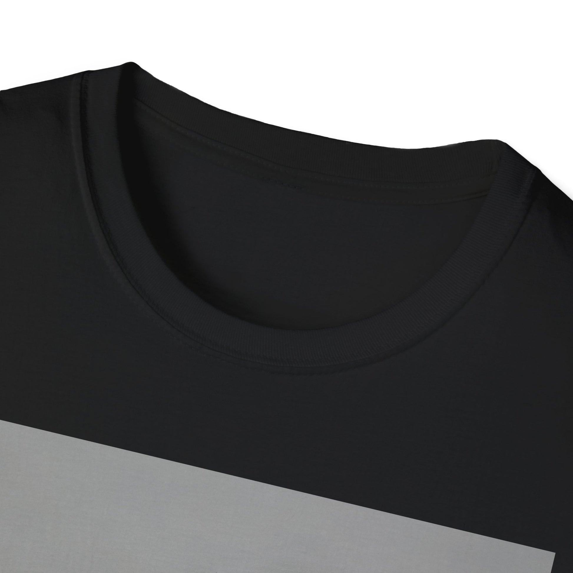 Close-up of a black crew-neck T-shirt with a diagonal gray panel across the chest.