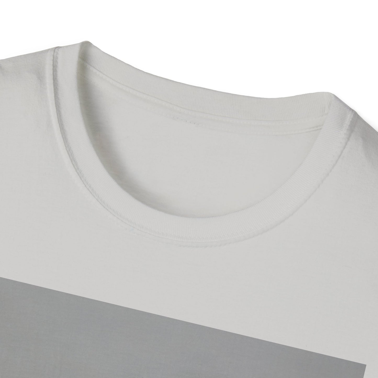Close-up of a white crew-neck T-shirt with a light gray diagonal stripe across the front.