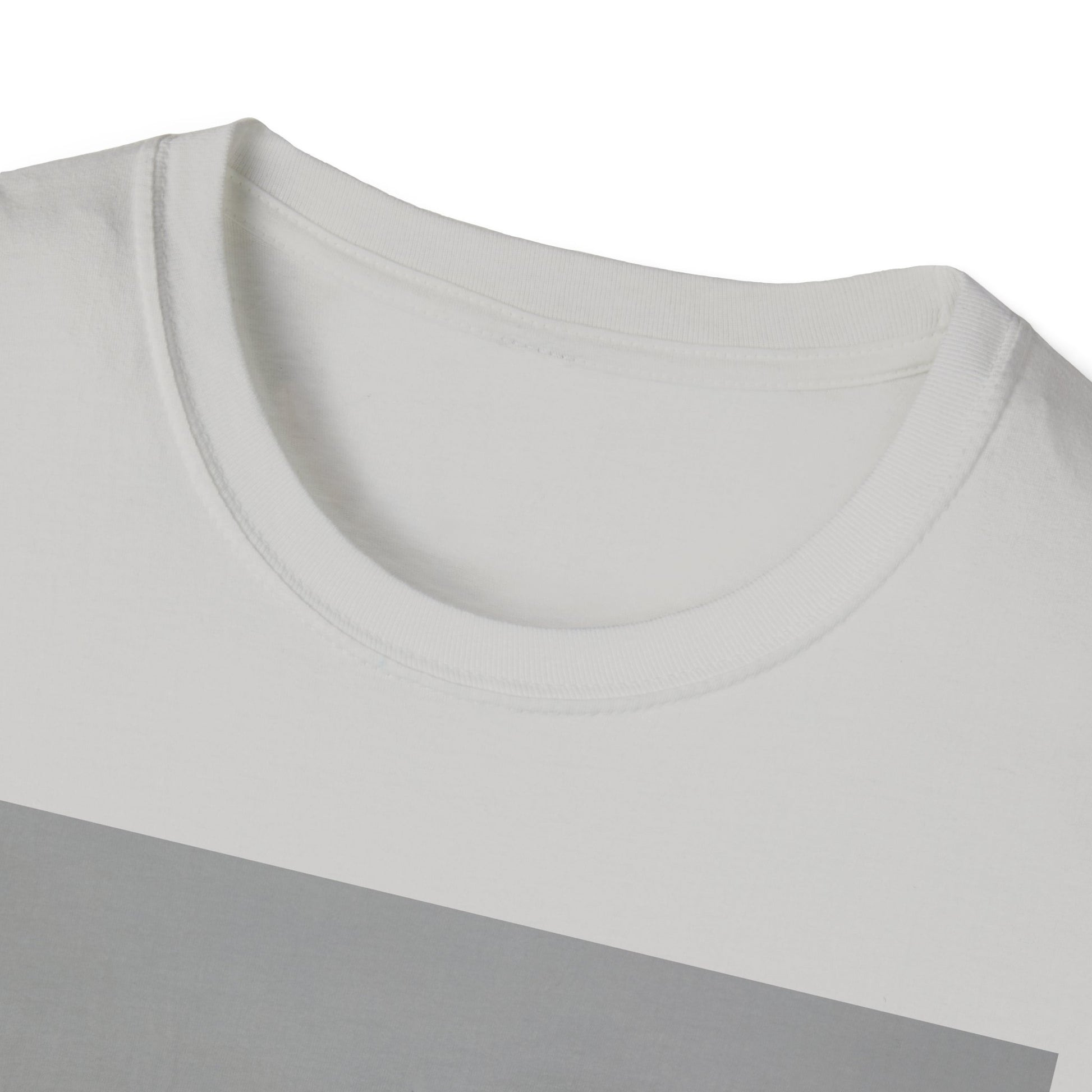 Close-up of a white crew-neck T-shirt with a light gray diagonal stripe across the front.