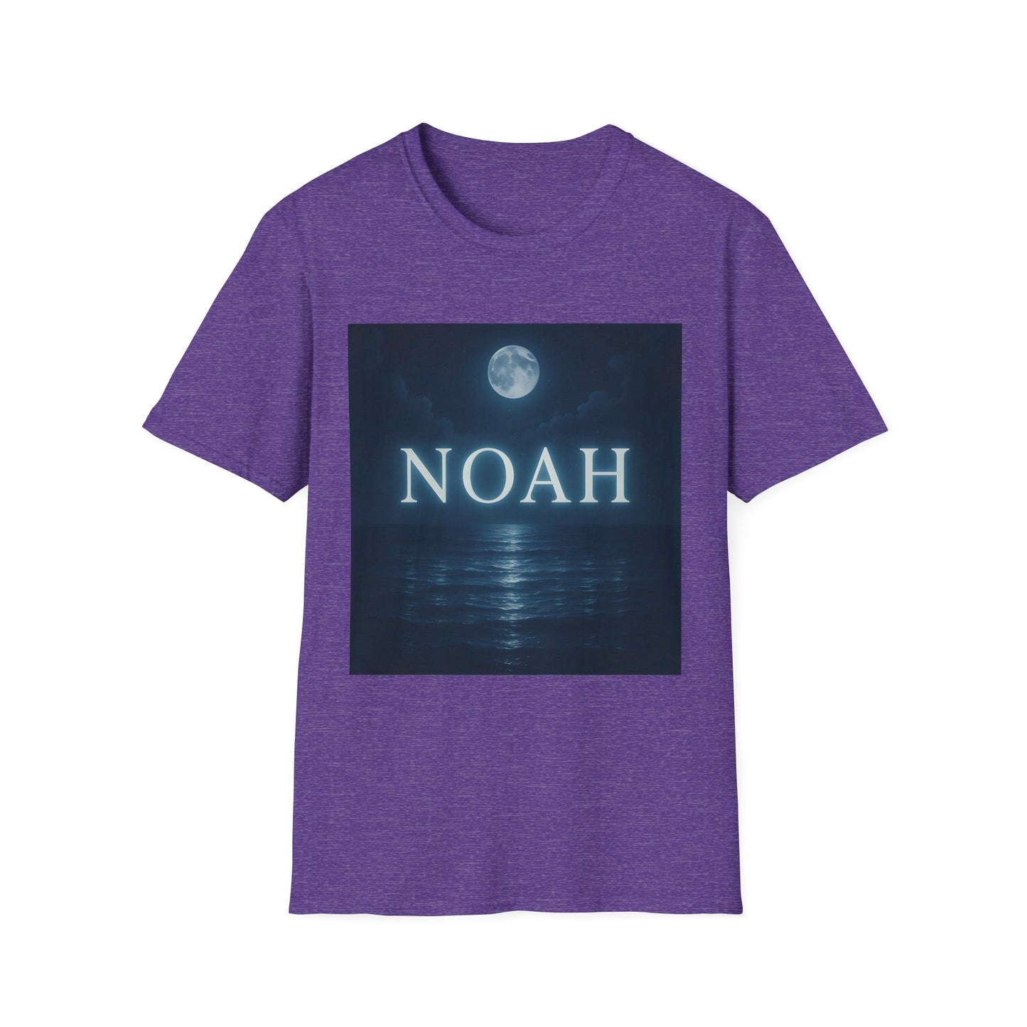 Purple short-sleeve T-shirt featuring a square graphic of a moonlit ocean with the word NOAH in white.