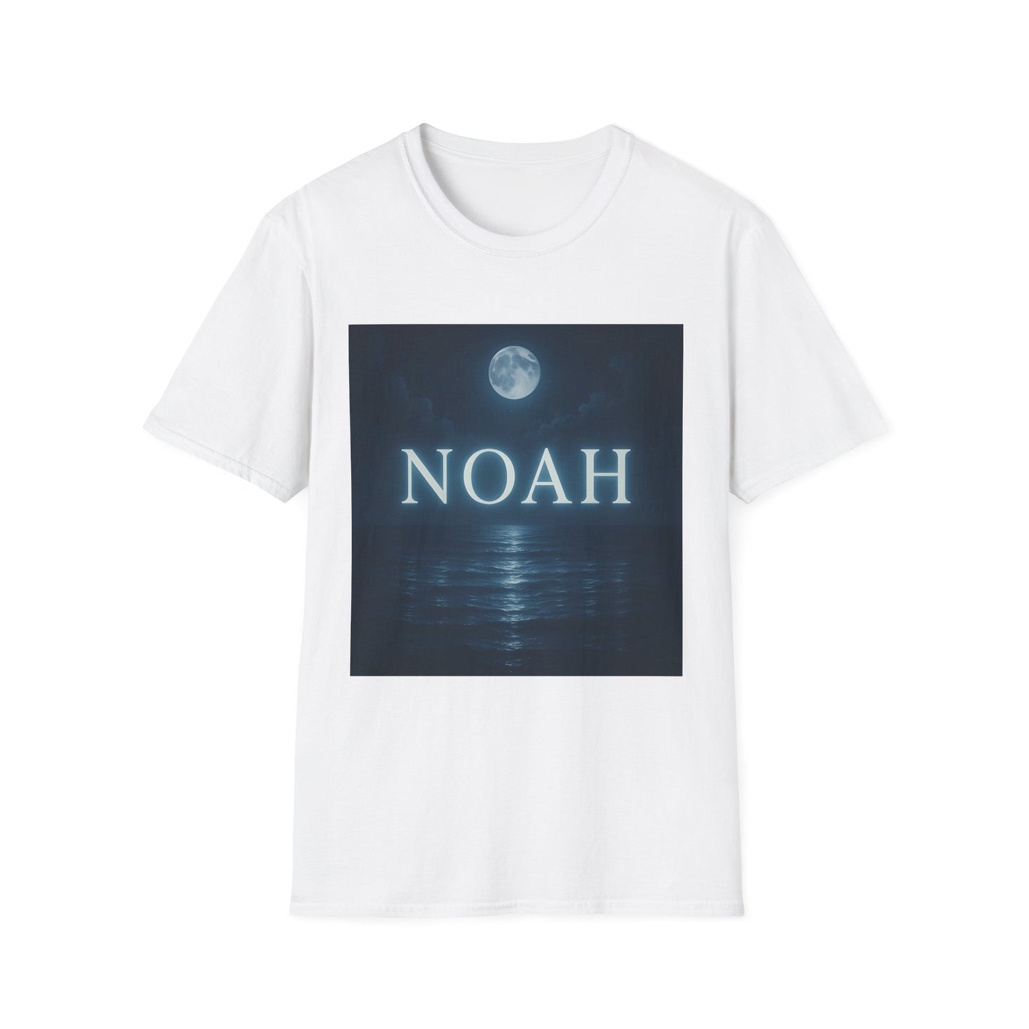 White short-sleeve t-shirt with a square graphic of a moonlit ocean and the word NOAH in blue.