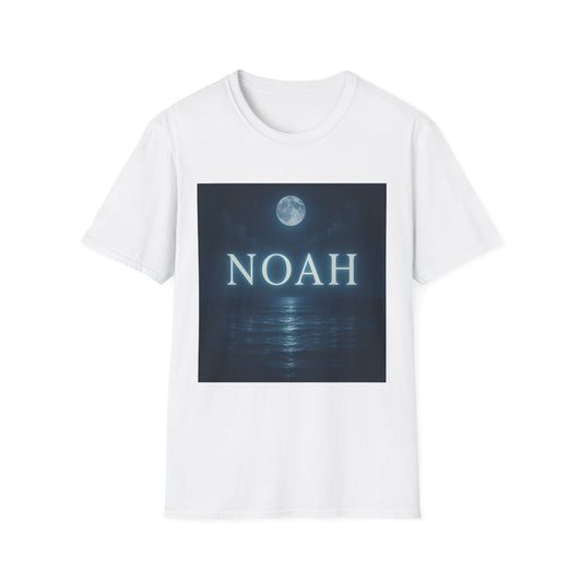 White short-sleeve t-shirt with a square graphic of a moonlit ocean and the word NOAH in blue.