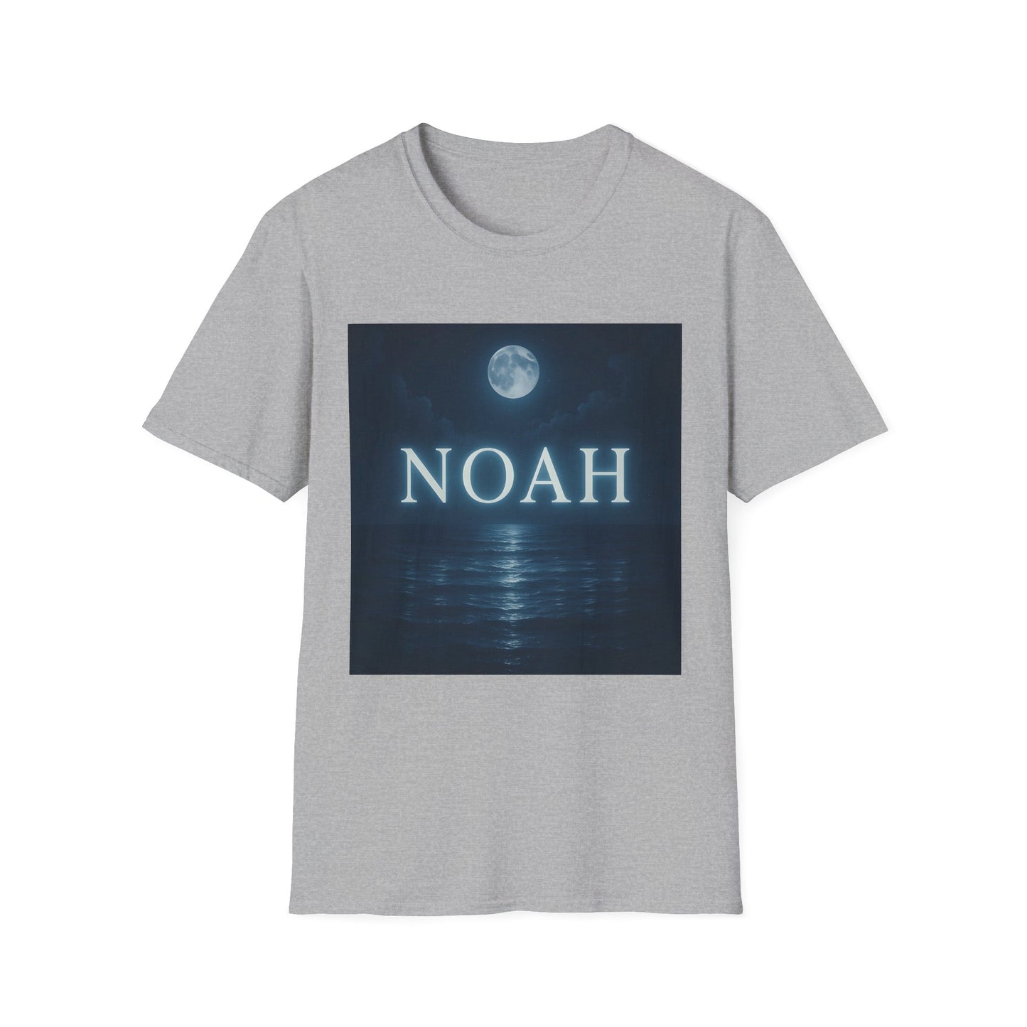 Light gray T-shirt featuring a dark blue square graphic of a moonlit sea with the word NOAH in white.