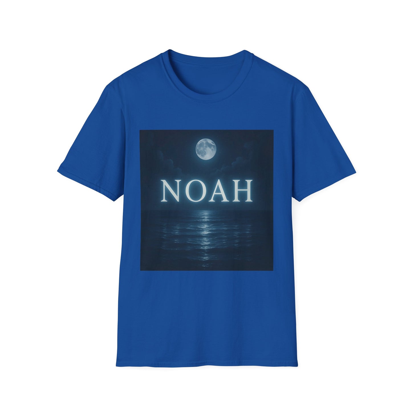 Blue T-shirt with a square night-sea graphic showing a full moon and the word NOAH in white.