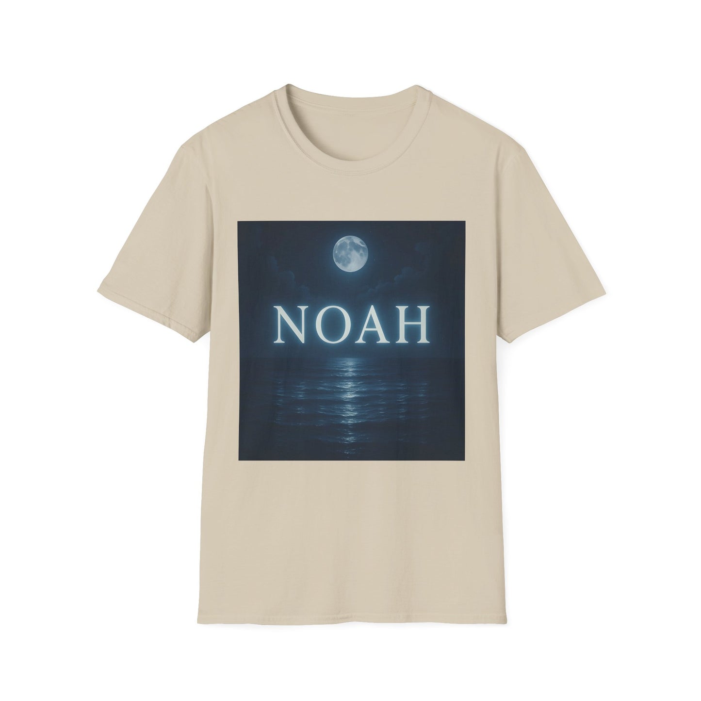 Beige crewneck t-shirt with a blue moonlit ocean graphic and the word NOAH in large white letters.