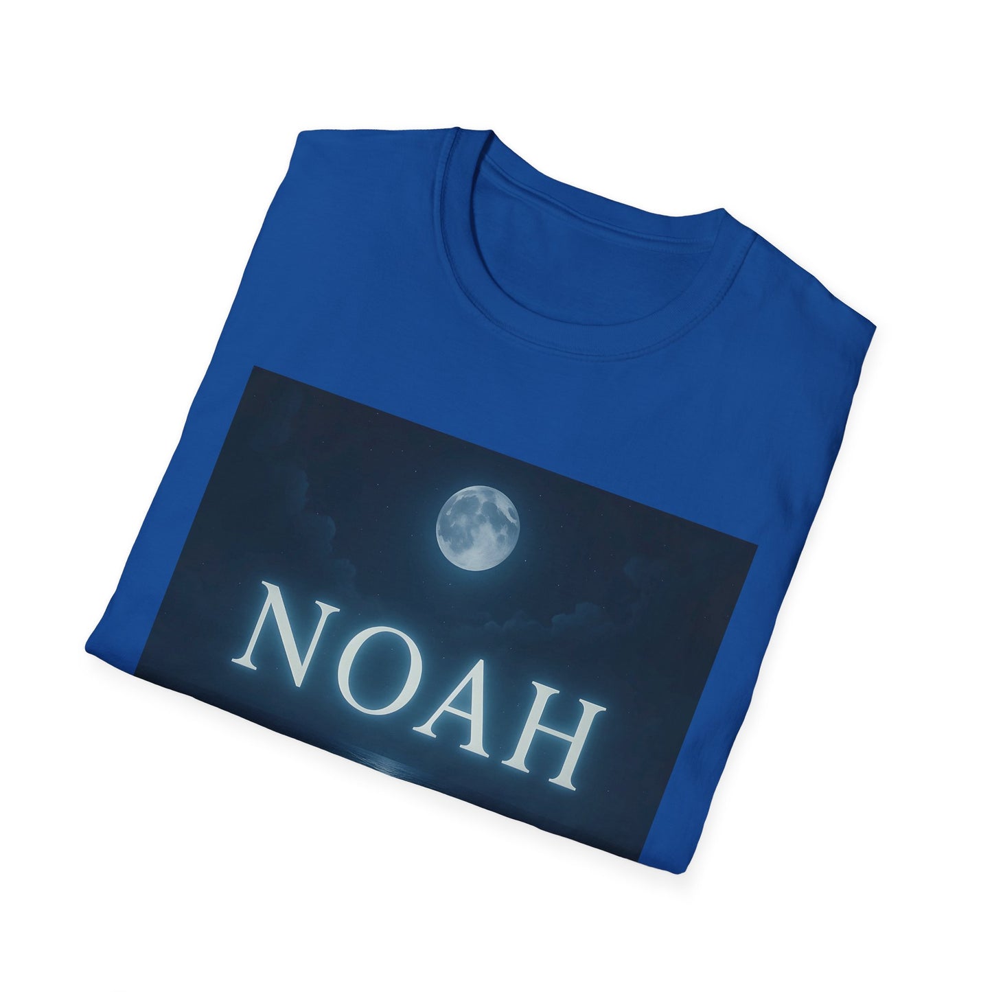 Blue short-sleeve t-shirt with a dark rectangular graphic showing a full moon and the word NOAH.