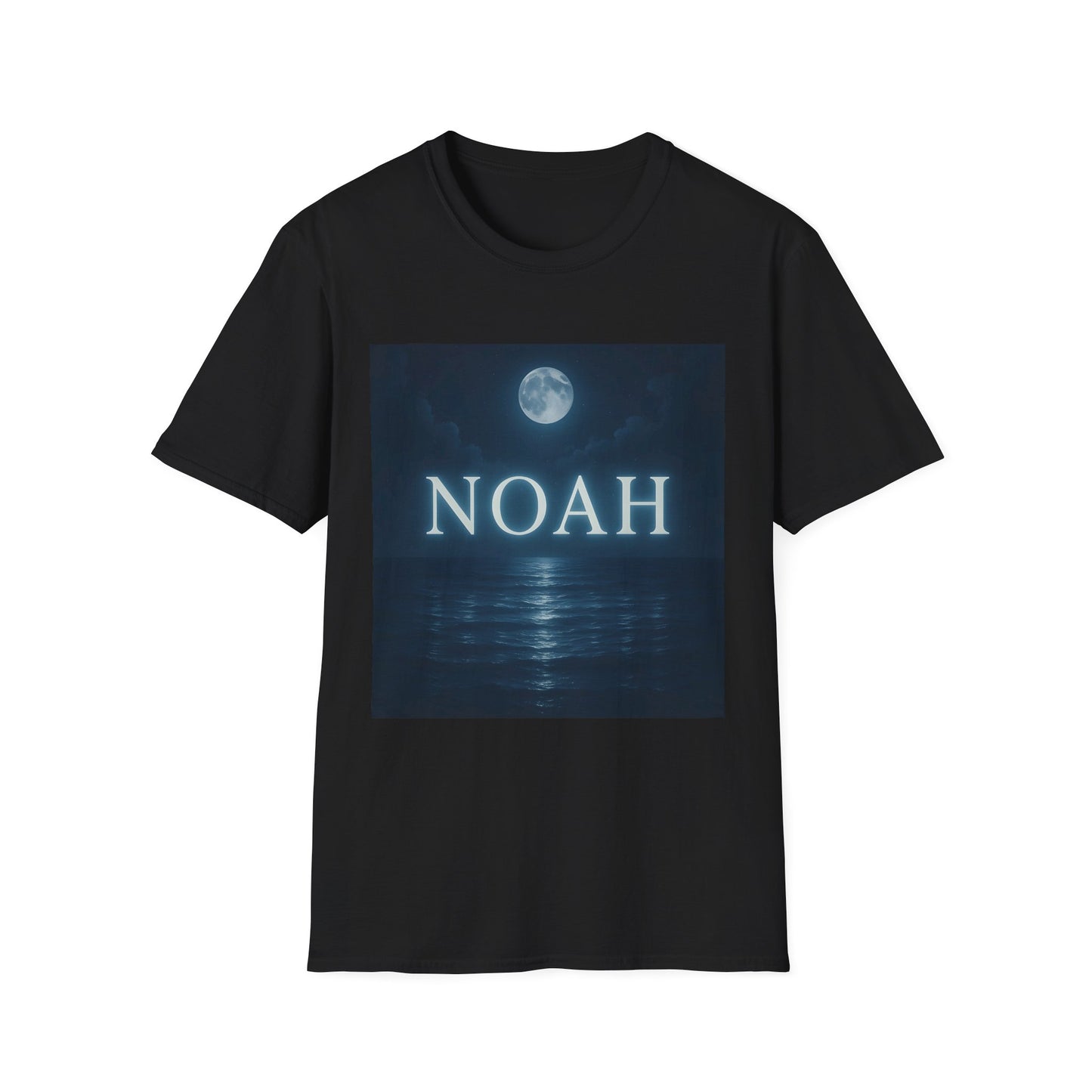 Black short-sleeve T-shirt featuring a blue night-seascape graphic with a full moon and the word NOAH in white.