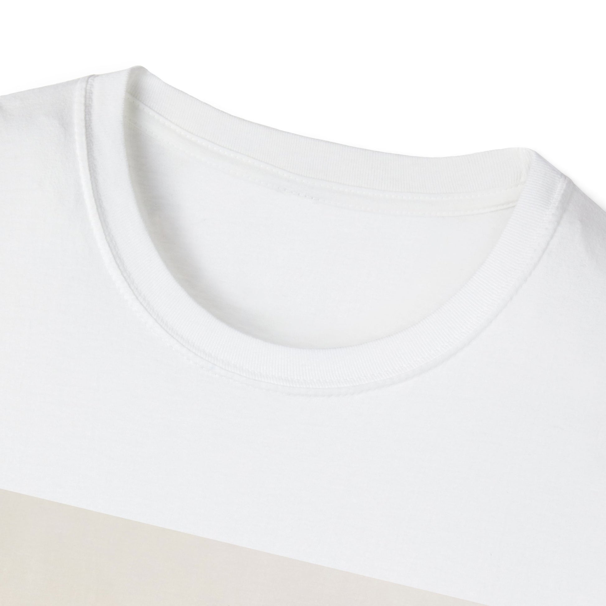 Close-up of a white crew-neck T-shirt with a beige diagonal stripe across the lower portion.