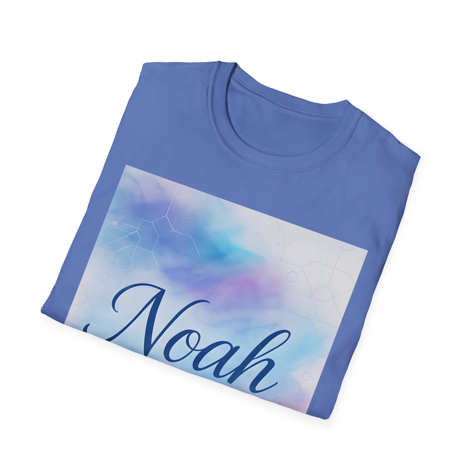 Blue T-shirt with a large pastel rectangular graphic showing a gradient sky and the cursive word Noah.