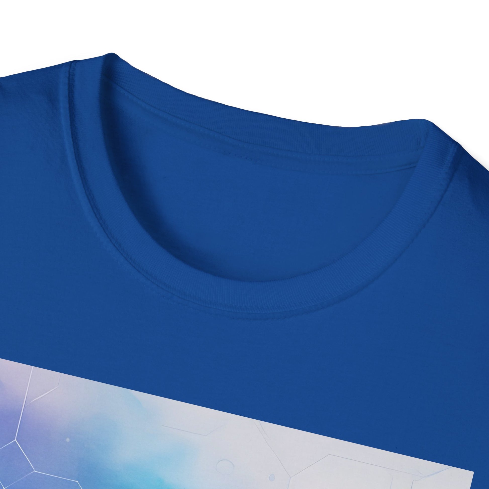 Blue crew-neck T-shirt with visible stitching around the neckline, photographed from above.