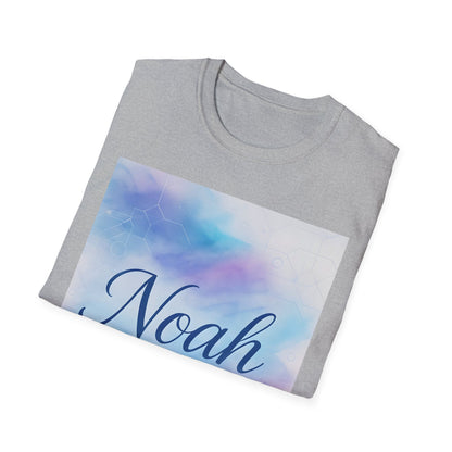 Light gray crewneck t-shirt with a rectangular pastel blue-pink gradient graphic featuring the name Noah in dark blue cursive.
