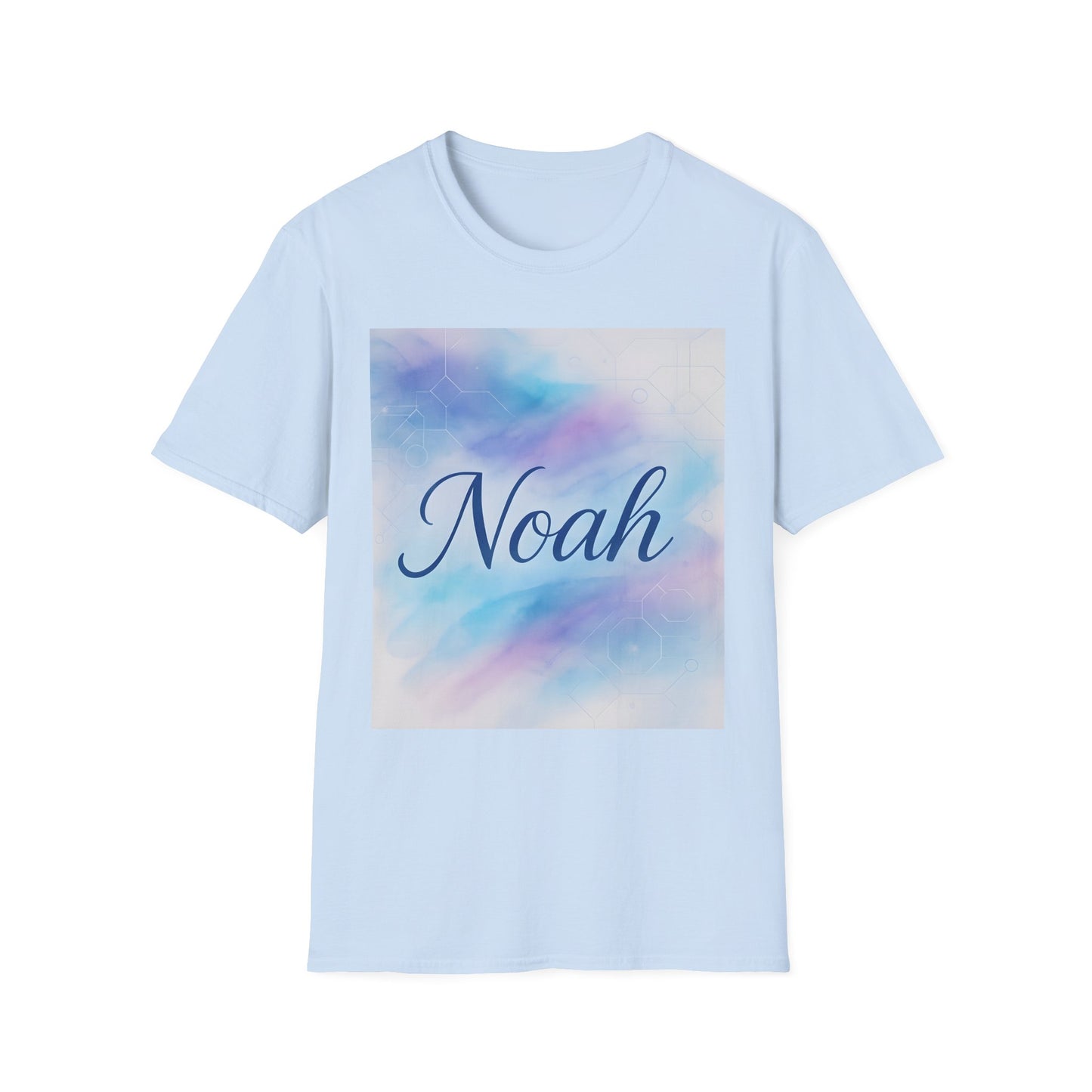 Light blue t-shirt with a pastel gradient square graphic featuring the name “Noah” in blue script.
