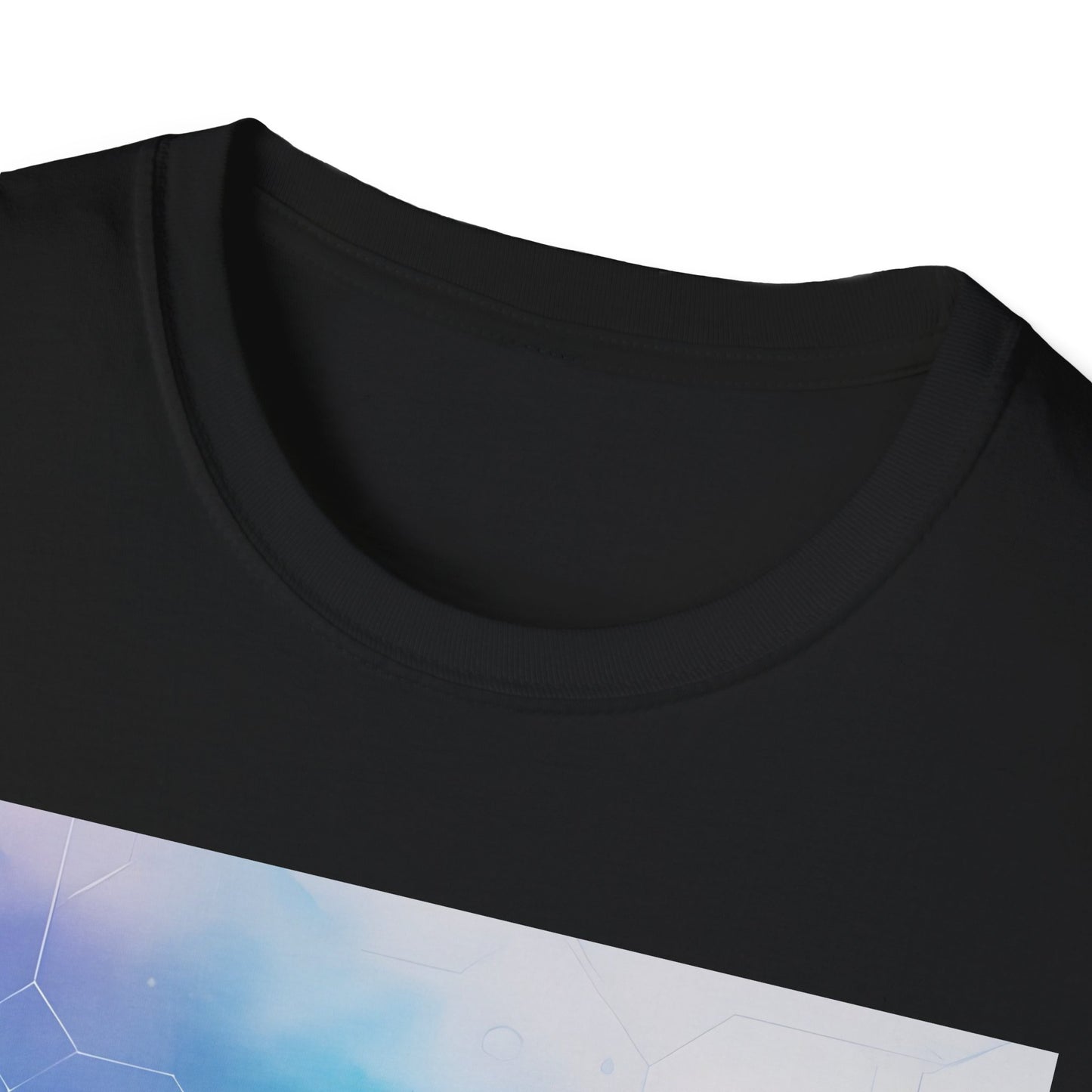 Black crewneck T-shirt with a blue geometric graphic printed along the lower front edge.